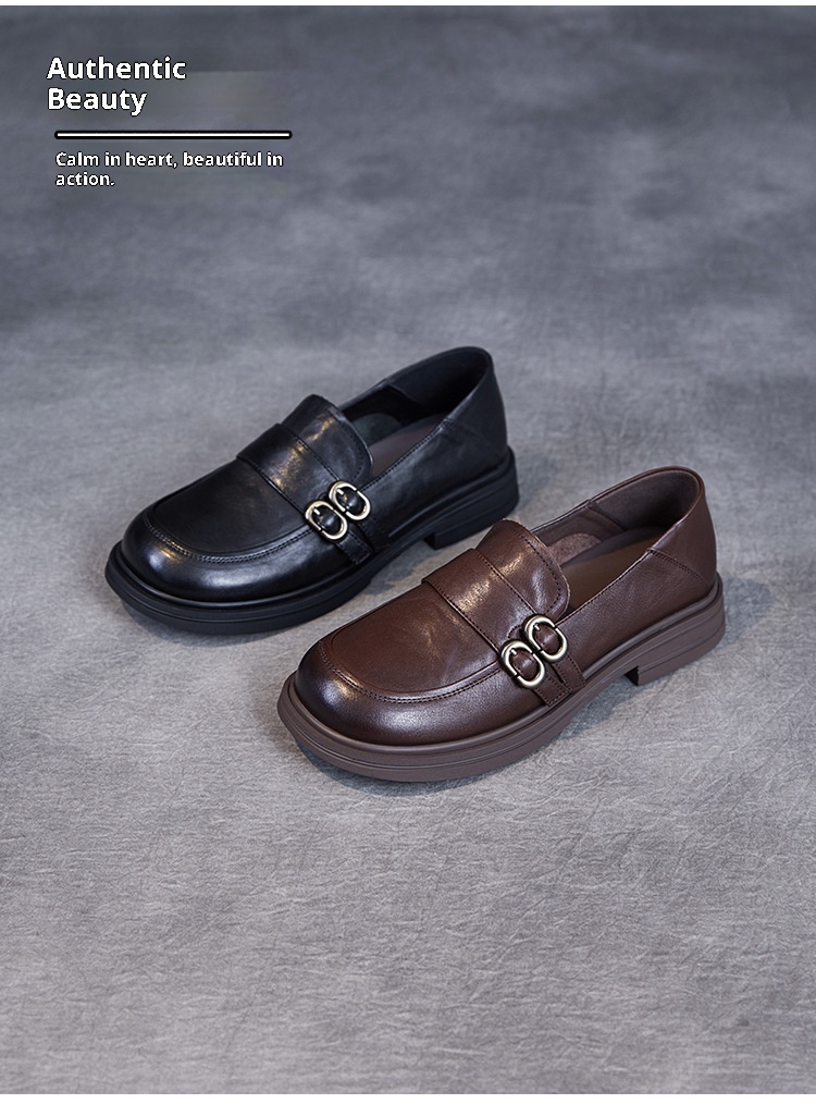 Elegante natuurlijke kleur toplaag echte leren damesschoenen retro Britse stijl lage hak zachte zool instappers_voghion.com