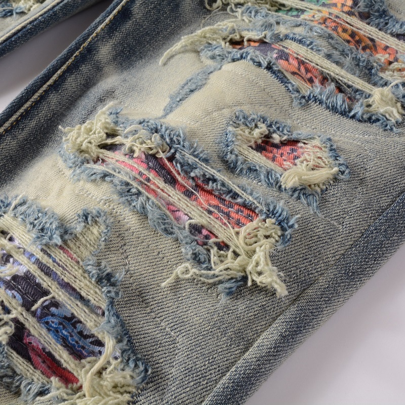 boy European And American High Street Ripped With Patches Slim Fit Stretch Jeans Men's Dropshipping Small Foot Pants 876_voghion.com