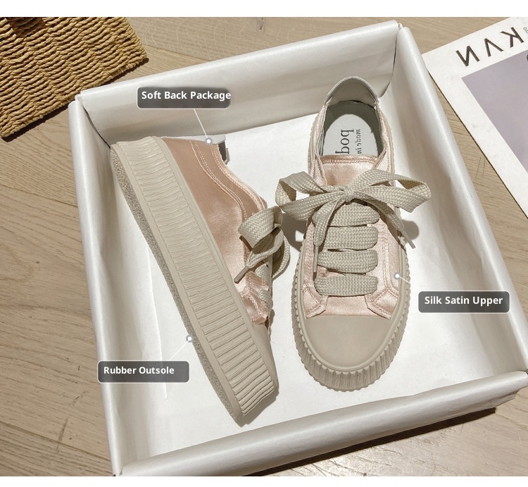 Versione in pelle di pecora, tela di raso spagnola per donna, suola spessa, altezza crescente, casual, versatile, con lacci, bianco per studenti_voghion.com