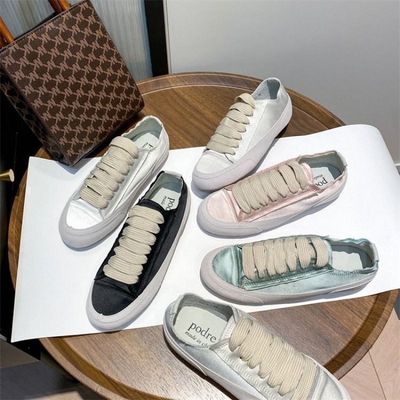 Scarpe sportive casual da donna in tela di raso bianco piatto con nicchia spagnola, primavera e autunno 2023_voghion.com