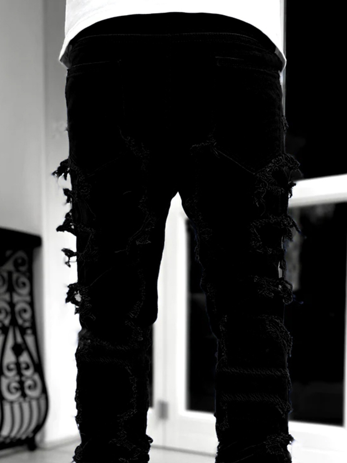 chłopiec Cross-Border Nowe męskie europejskie i amerykańskie spodnie uliczne Ins Hot Elastic Patch Denim Straight_voghion.com