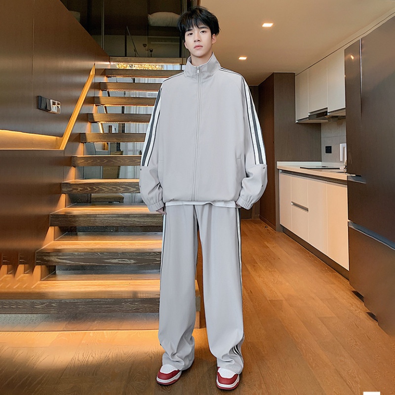 001 Spring And Autumn New Men's Sports Jacket Set Two-Piece Youth Trendy Brand Workwear Casual Running Suit_voghion.com