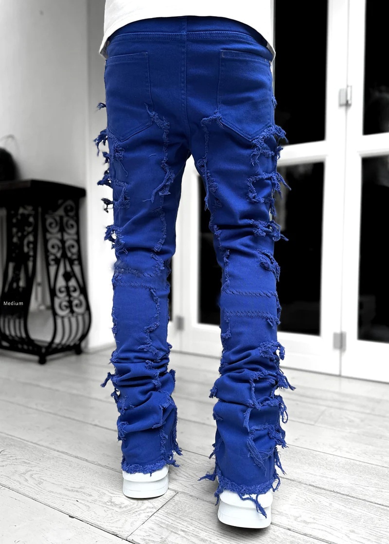 chłopiec Cross-Border Nowe męskie europejskie i amerykańskie spodnie uliczne Ins Hot Elastic Patch Denim Straight_voghion.com