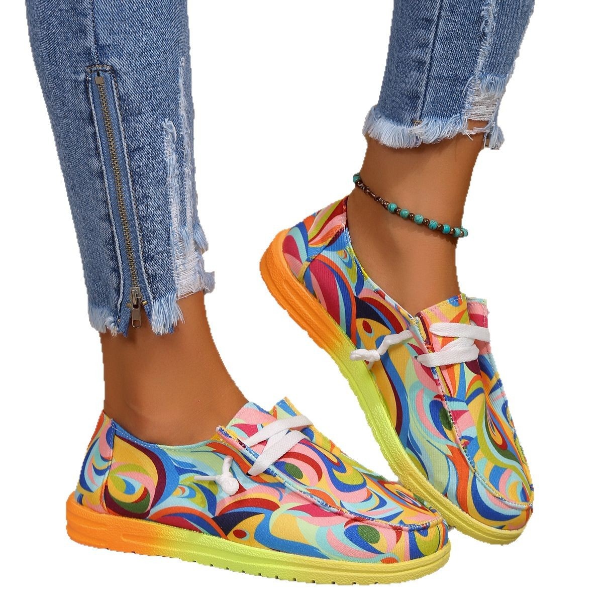 Neue, farbenfrohe, flache Damen-Schnürschuhe im europäischen und amerikanischen Stil mit Graffiti-Print in großen Größen._voghion.com