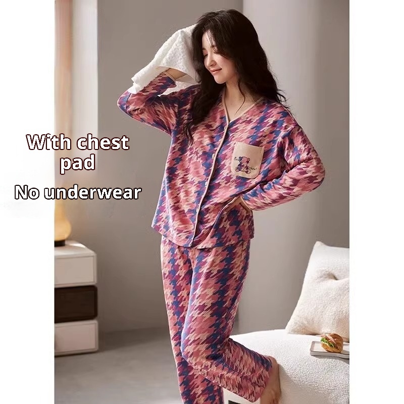 ChicShe Winter Langarmpyjama mit Brustpolstern für Damen, lockere Passform, süße Strickjacke, Übergröße, zweiteiliges Herbst-Homewear-Set_voghion.com