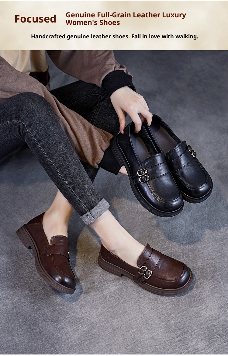 Elegante natuurlijke kleur toplaag echte leren damesschoenen retro Britse stijl lage hak zachte zool instappers_voghion.com