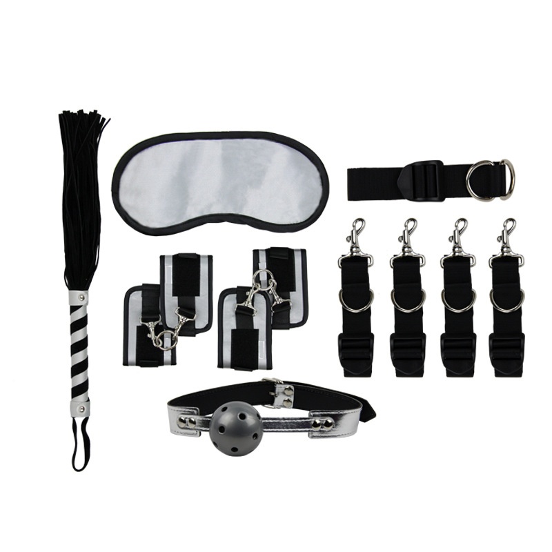 LuvBox Sexy SM One-Word Bed Binding Set Hand And Foot Cuffs Mouth Gag Ball Whip Eye Mask Adult Props_voghion.com
