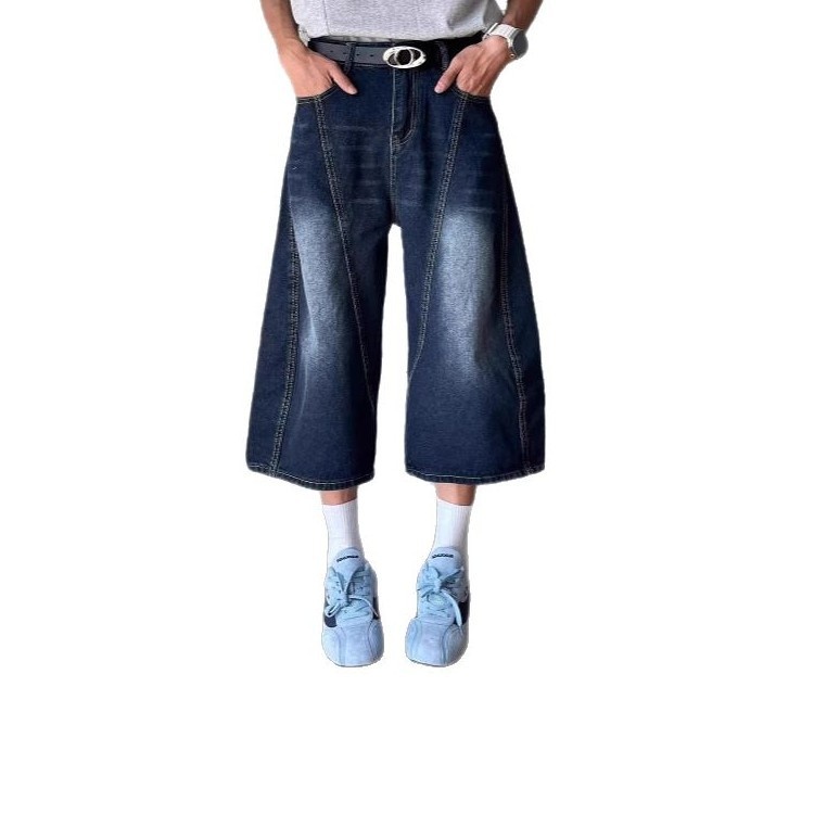 Pantalon Capri en denim bleu marine brodé de lettres cimeterres pour homme, style européen, été, style rétro américain, coupe ample et décontractée._voghion.com