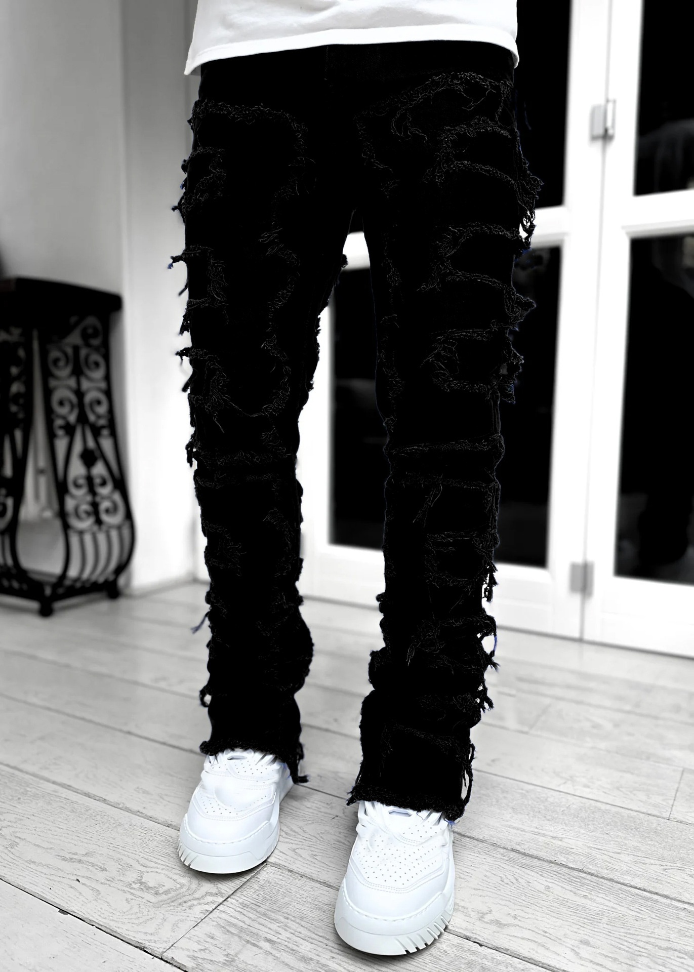 chłopiec Cross-Border Nowe męskie europejskie i amerykańskie spodnie uliczne Ins Hot Elastic Patch Denim Straight_voghion.com