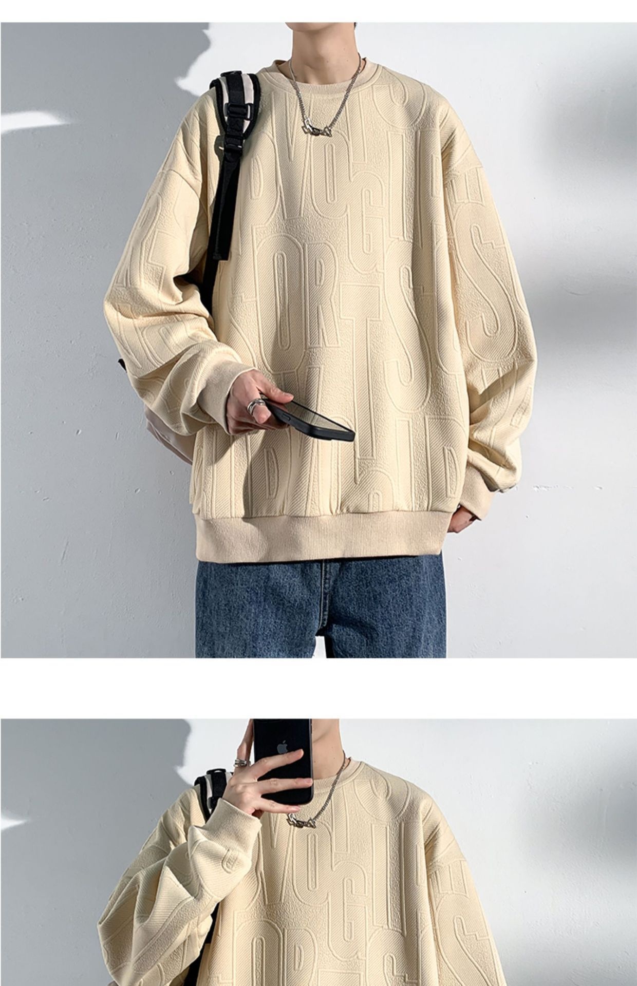 Herren-Jacquard-Sweatshirt, trendige Marke, hochwertiges Funktionsshirt, Oversized-Schnitt, amerikanischer Stil, Rundhalsausschnitt_voghion.com