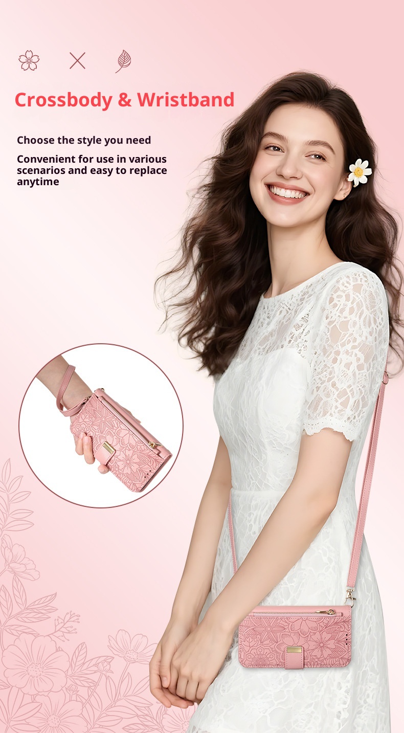 TechGlobe Shunli New Model Compatible With IPhone Flip Leather Flower And Leaf 17 Air Lanyard 16 Phone Case_voghion.com