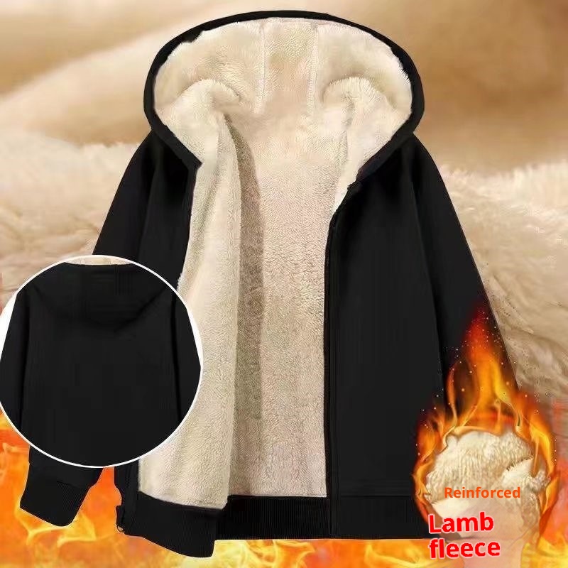 boy Autumn Winter Sweatshirt Fleece Lined Thickened Sports Casual Cotton Jacket Men's Warm Lamb Wool Loose Hooded Cardigan_voghion.com