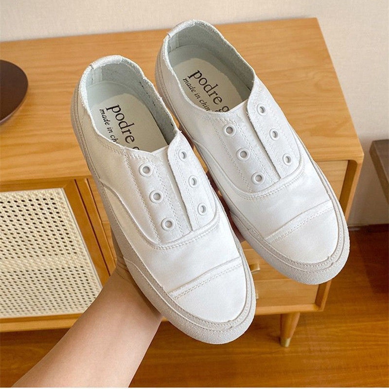 Sneakers bianche in raso di Spanish Niche 2022, nuove scarpe sportive in tela, comode e casual, slip-on per donna_voghion.com