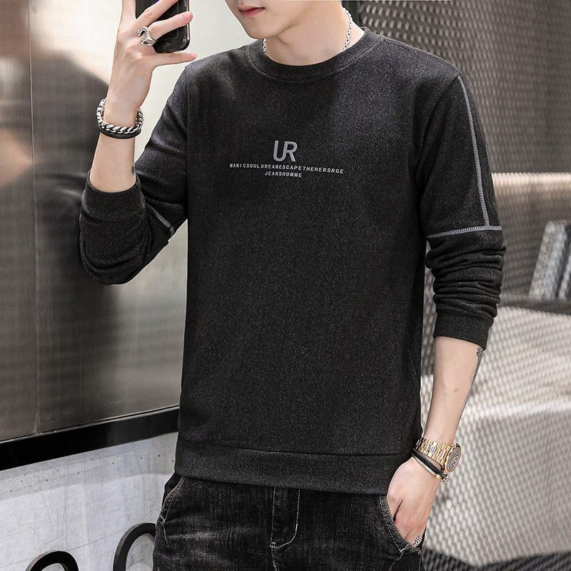 boy 2025 Crew Neck Stretch Warm Sweatshirt Youth Base Shirt Trendy Fleece Lined Thickened Long Sleeve T-Shirt Men's Top_voghion.com