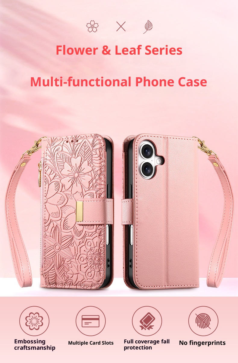 TechGlobe Shunli New Model Compatible With IPhone Flip Leather Flower And Leaf 17 Air Lanyard 16 Phone Case_voghion.com