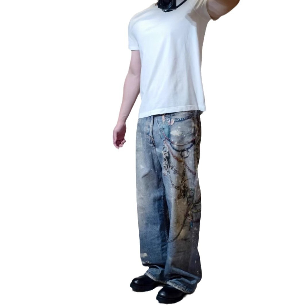 boy Style Wahed Vintage Printed Jean For Men Spring Autumn Straight Looe European And American High Street Vibe Long_voghion.com