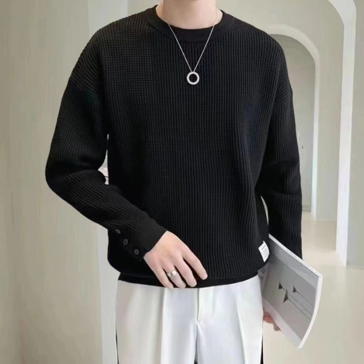 Felpa bianca da uomo in stile pigro, autunno e inverno, marchio di design di alta gamma, top girocollo alla moda invernale_voghion.com