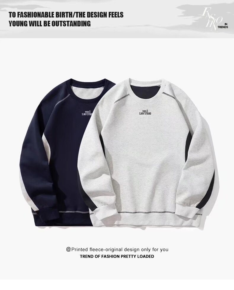 boy New Style Patchwork Navy Blue Crew Neck Fleece Sweatshirt Autumn Winter American Heavyweight Long Sleeve Men's Hoodless_voghion.com