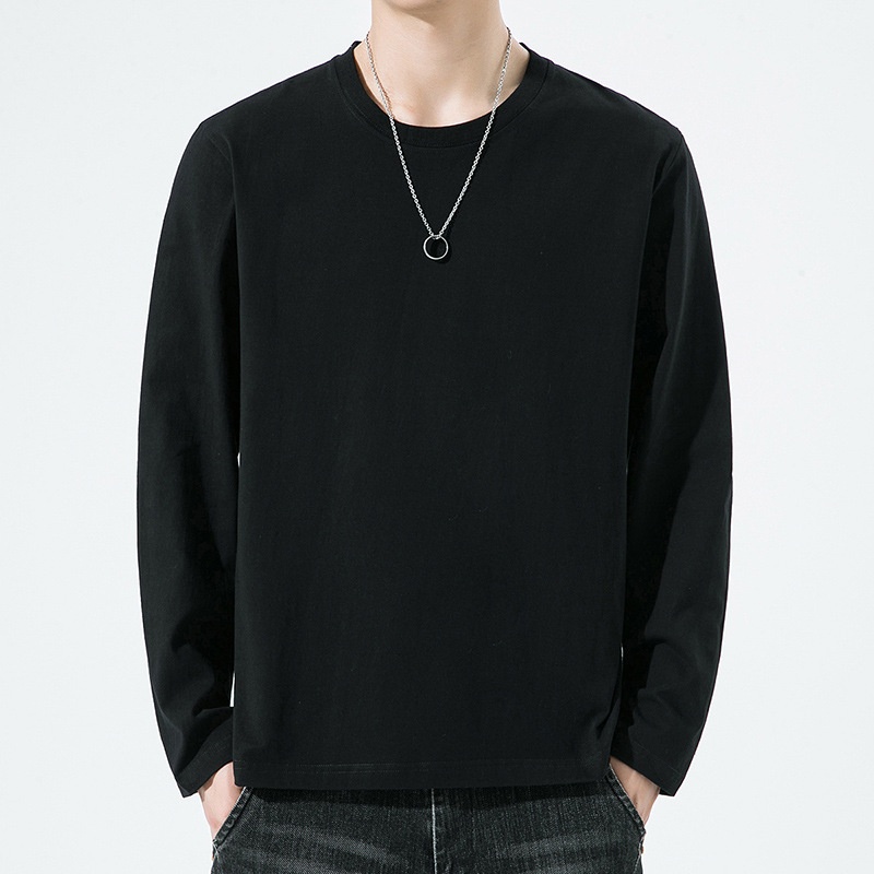 Erkek Çocuk Yüksek Kaliteli Düz Renk Uzun Kollu Tişört, İlkbahar ve Sonbahar Yuvarlak Yaka Bol Günlük Pamuklu Taban Gömlek, Erkek_voghion.com