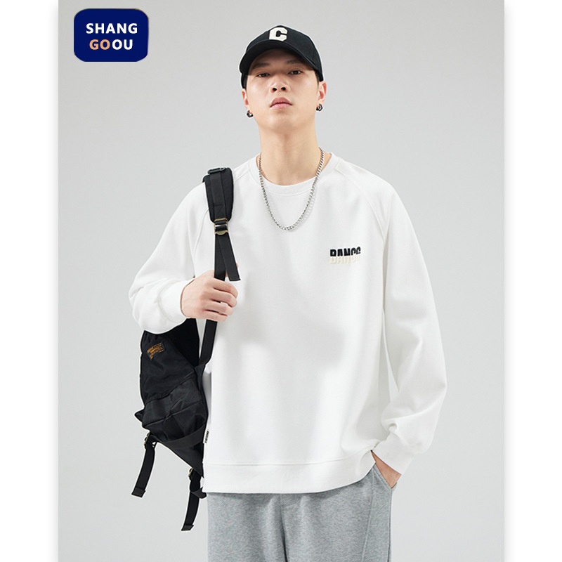 Sweat-shirt garçon Shanggu Clothing à col rond, style japonais, couleur unie, marque tendance pour hommes, broderie simple, jeune_voghion.com