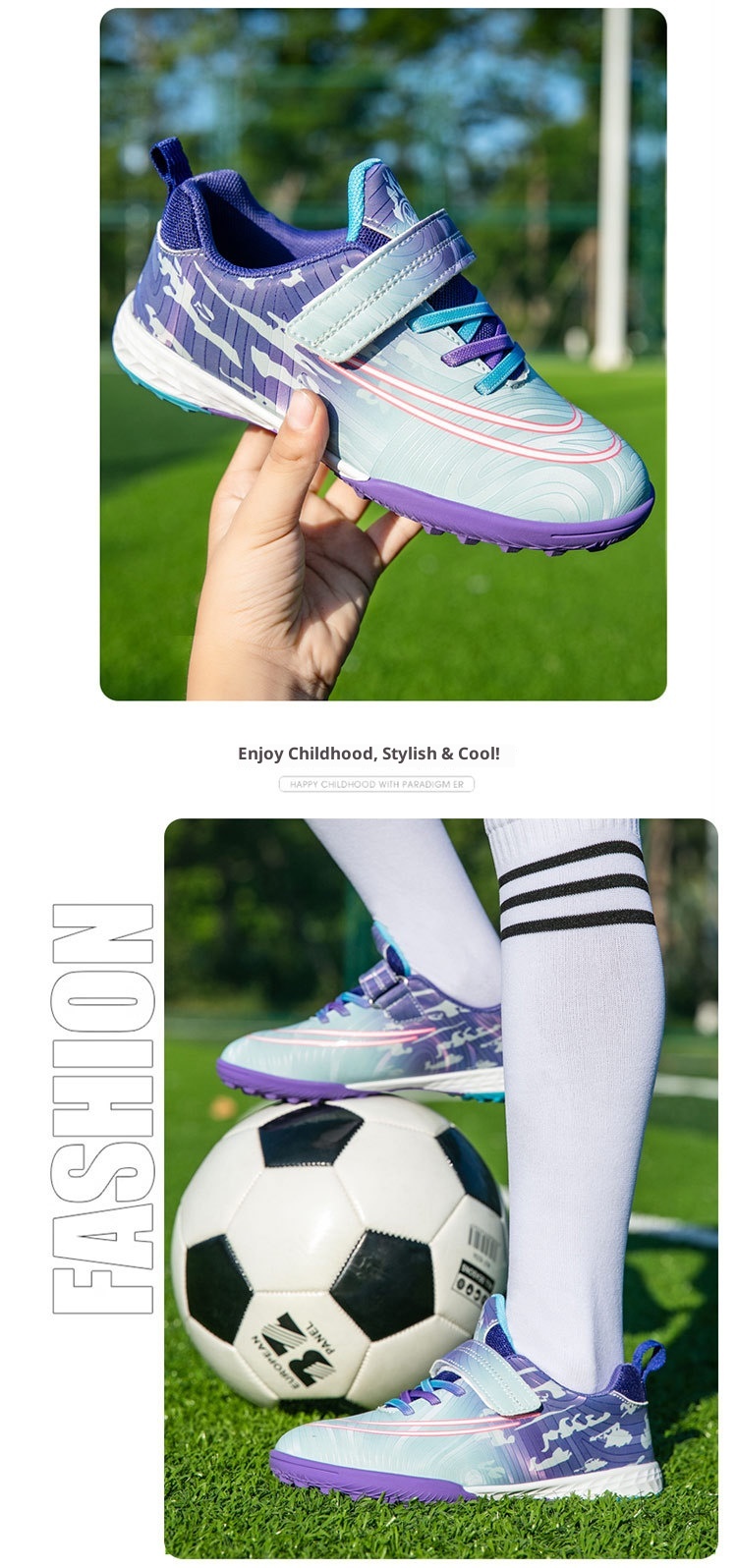 ShoeGlobe Dropshipping Children's Soccer No-Tie Velcro Cleats TF Elementary School Boys And Girls Artificial Grass Training Sports_voghion.com
