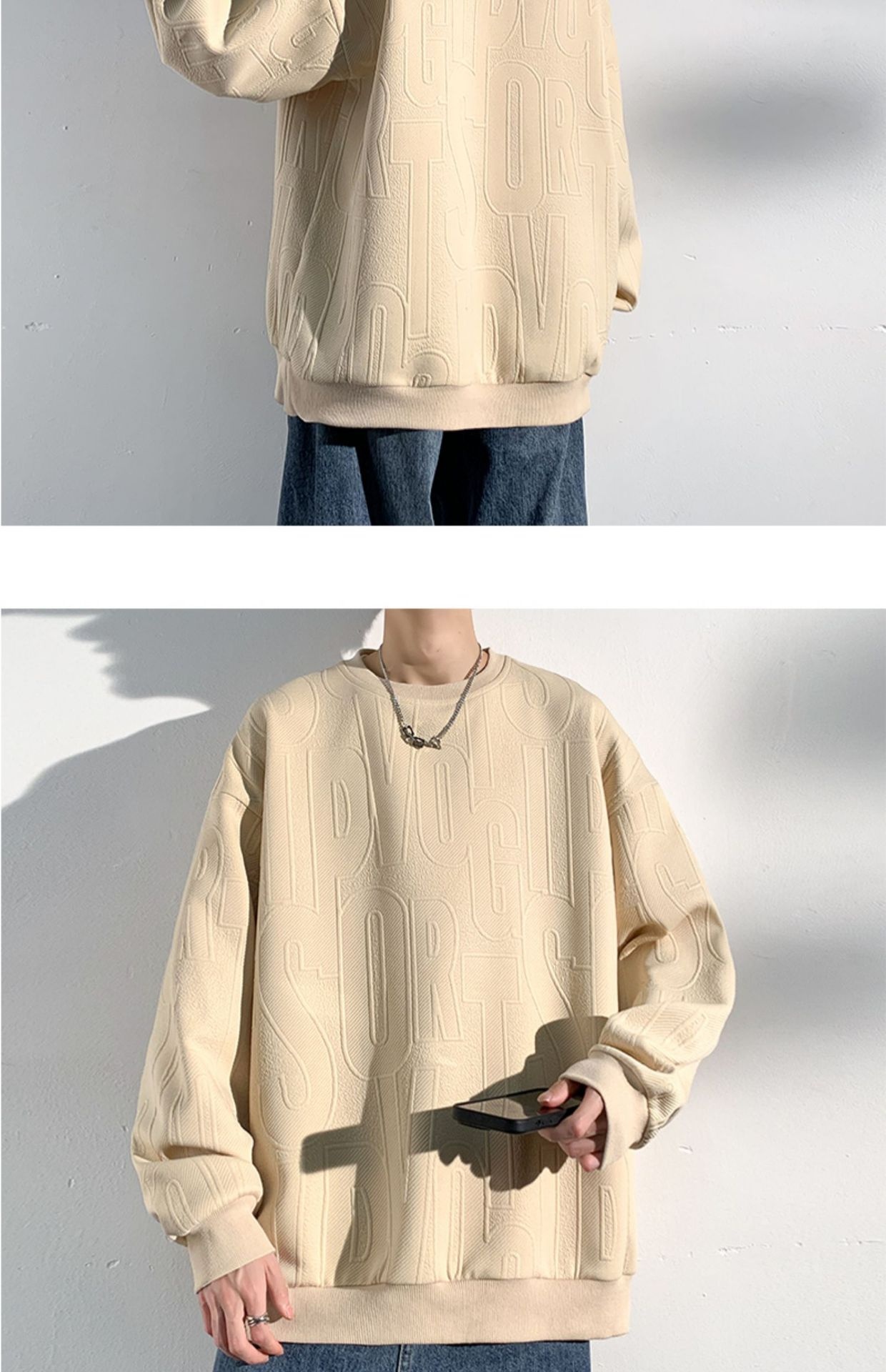 Herren-Jacquard-Sweatshirt, trendige Marke, hochwertiges Funktionsshirt, Oversized-Schnitt, amerikanischer Stil, Rundhalsausschnitt_voghion.com