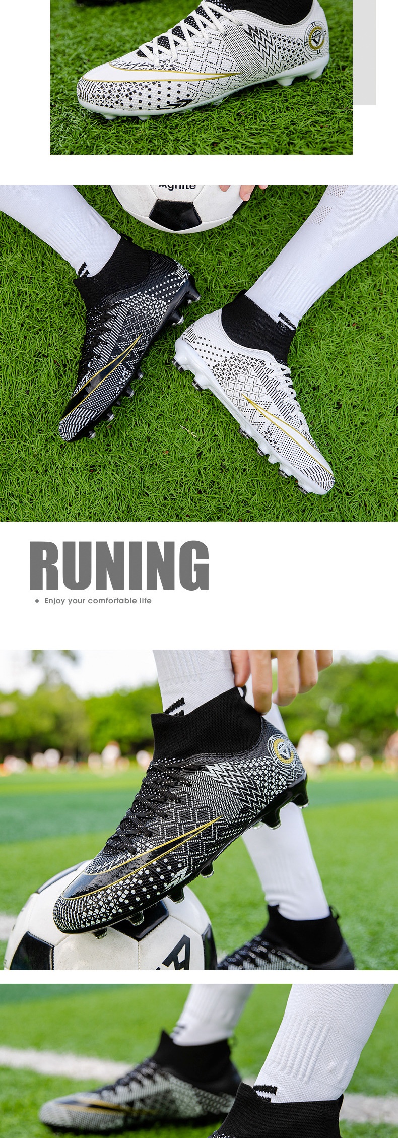 ShoeGlobe Zhenzu, scarpe da calcio alte con tacchetti lunghi in TPU per ragazzi e ragazze, modello Mandarin Duck, nere e bianche, dropshipping transfrontaliero_voghion.com