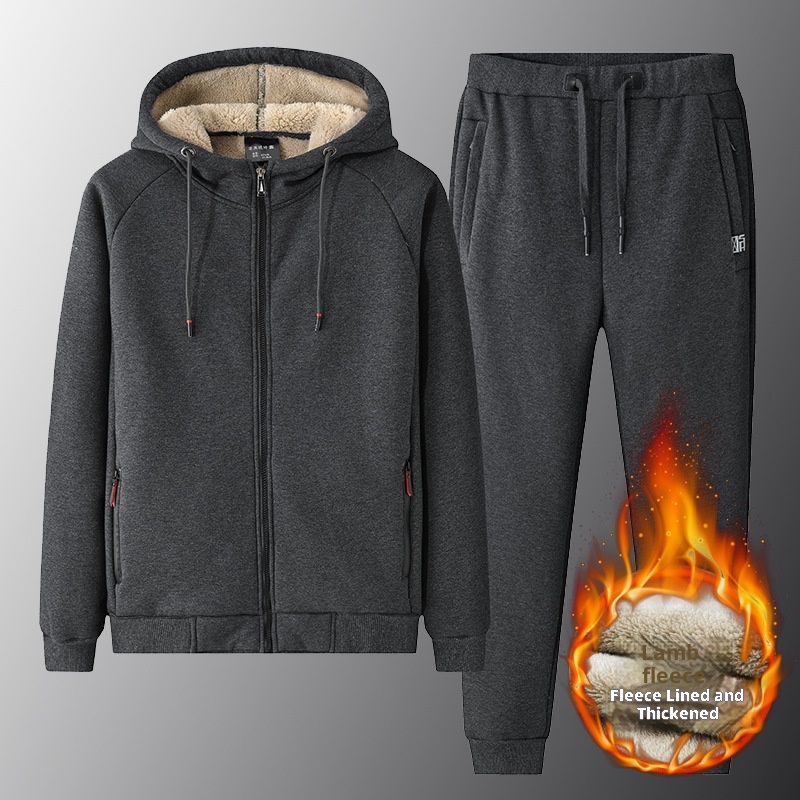 001 Winter New Lamb Wool Zipper Jacket Korean Style Fleece Lined Thickened Warm Men's Plus Size Casual Sports Suit For Men_voghion.com