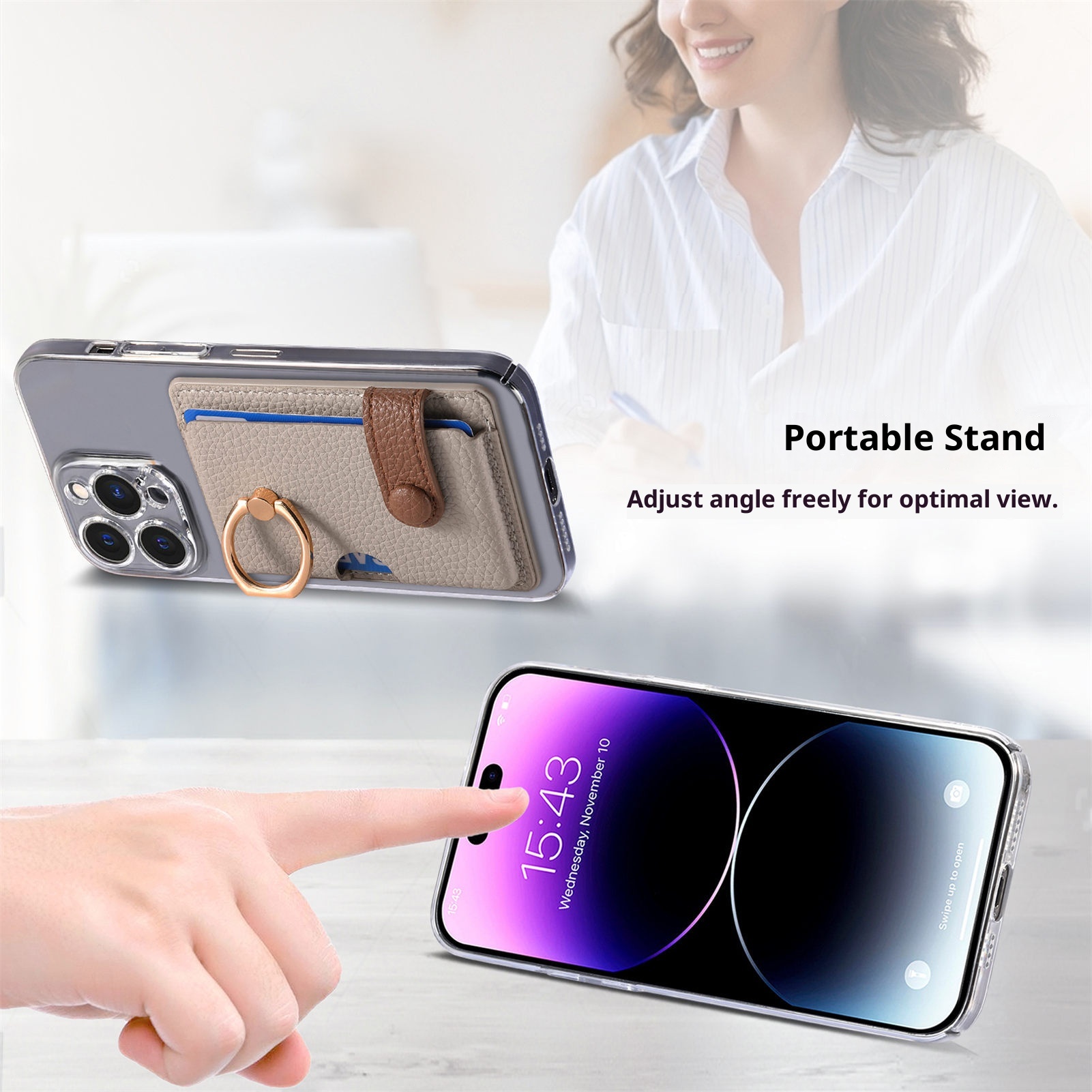 TechGlobe Lychee Pattern Oil Edge Ring Phone Sleeve Solid Stand Coin Purse Color Block Gift Back Sticker Card Holder_voghion.com