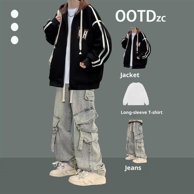 001 Giacca e cappotto primaverili e autunnali per adolescenti, studenti delle scuole medie, elegante uniforme da baseball, jeans coordinati, tre pezzi_voghion.com