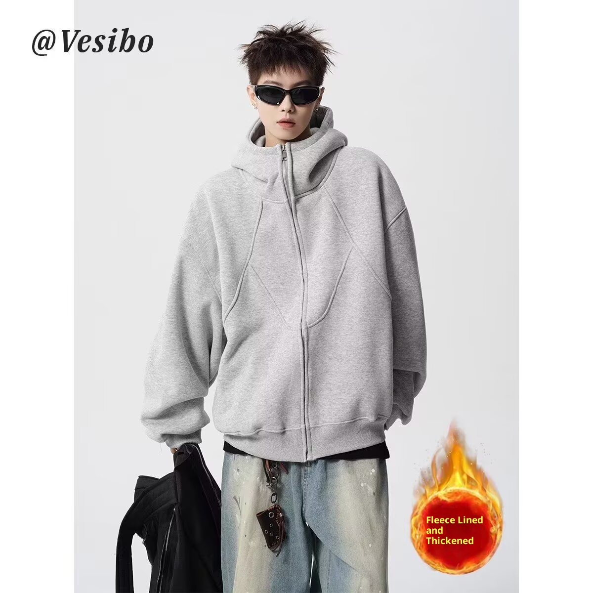 boy 2025 New Hong Kong Style Loose Simple Hooded Fleece Sweatshirt Zipper Unisex Trendy Stylish Versatile_voghion.com