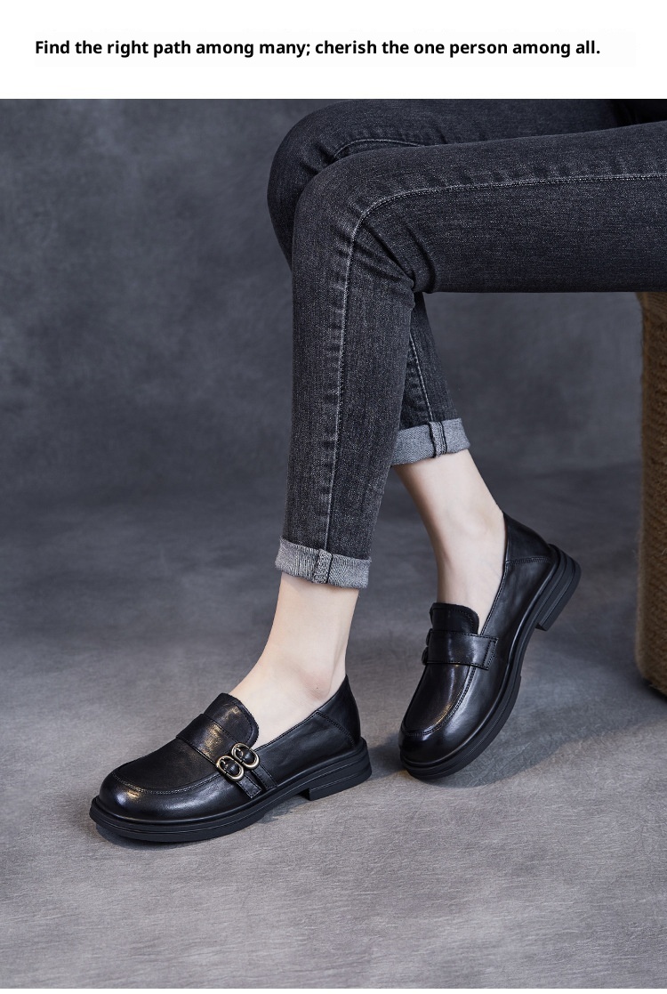 Elegante natuurlijke kleur toplaag echte leren damesschoenen retro Britse stijl lage hak zachte zool instappers_voghion.com