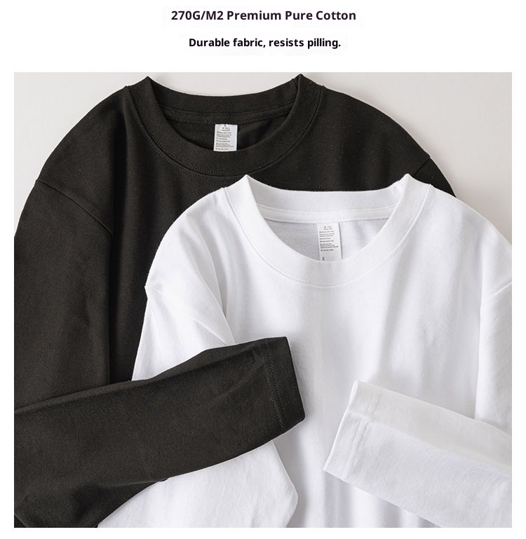 boy 270g Long Sleeve T-Shirt For Men, Thick Cotton, Loose Fit, Solid Color, White, Spring And Autumn Sweatshirt, Japanese_voghion.com