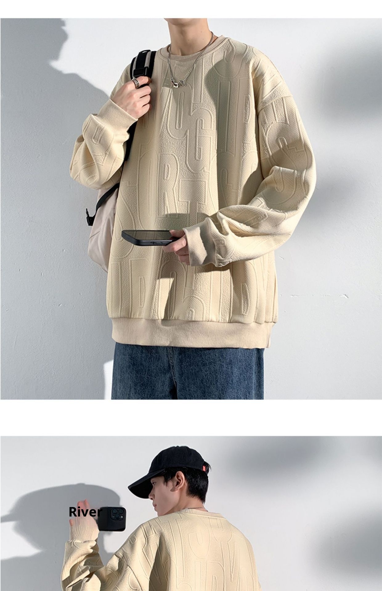 Herren-Jacquard-Sweatshirt, trendige Marke, hochwertiges Funktionsshirt, Oversized-Schnitt, amerikanischer Stil, Rundhalsausschnitt_voghion.com