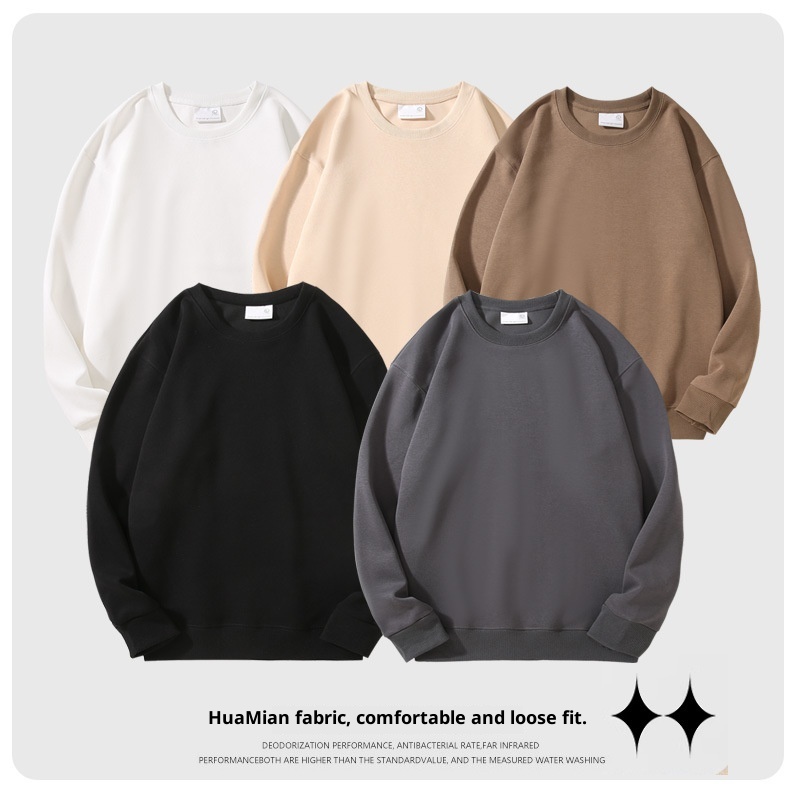 boy Men's Cotton Drop Shoulder Round Neck Loose Base Shirt Casual Trendy Solid Color Simple Outerwear Long Sleeve Sweatshirt_voghion.com