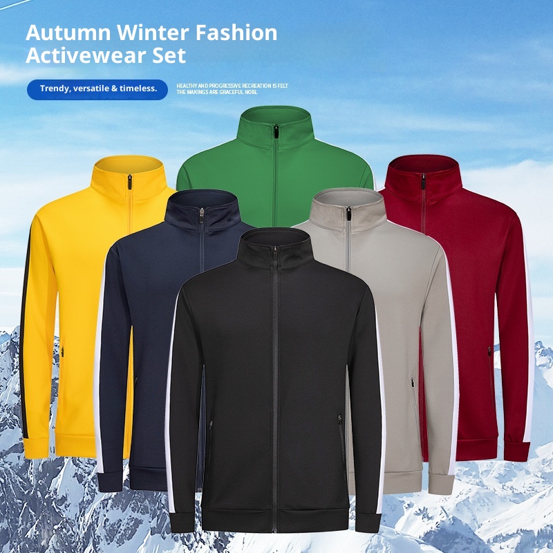 001 Autumn And Men's Jacket Winter Warm Two-Piece Zipper Casual Running Sportswear Set_voghion.com