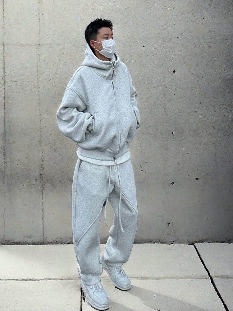 001 Tuta sportiva casual ispessita primaverile e autunnale per uomo, giacca con cappuccio larga, felpa, pantaloni della tuta, due pezzi, sensazione di alta qualità_voghion.com