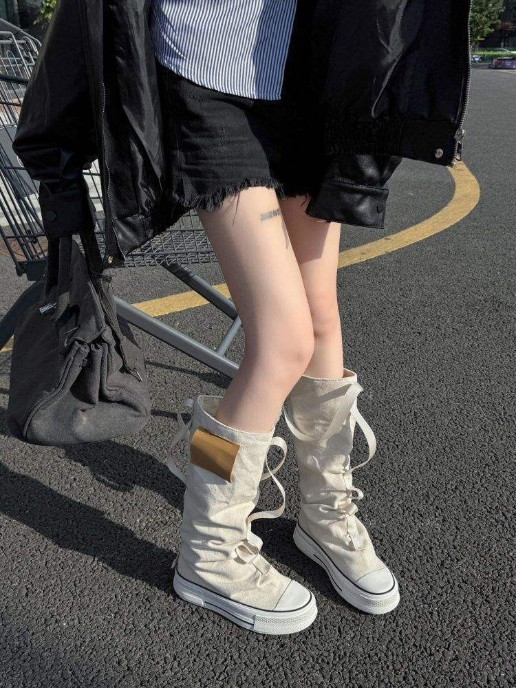 Women's Summer 2025 New European Style Niche Canvas Slouch Thick Sole Workwear Western Cowboy Boots_voghion.com