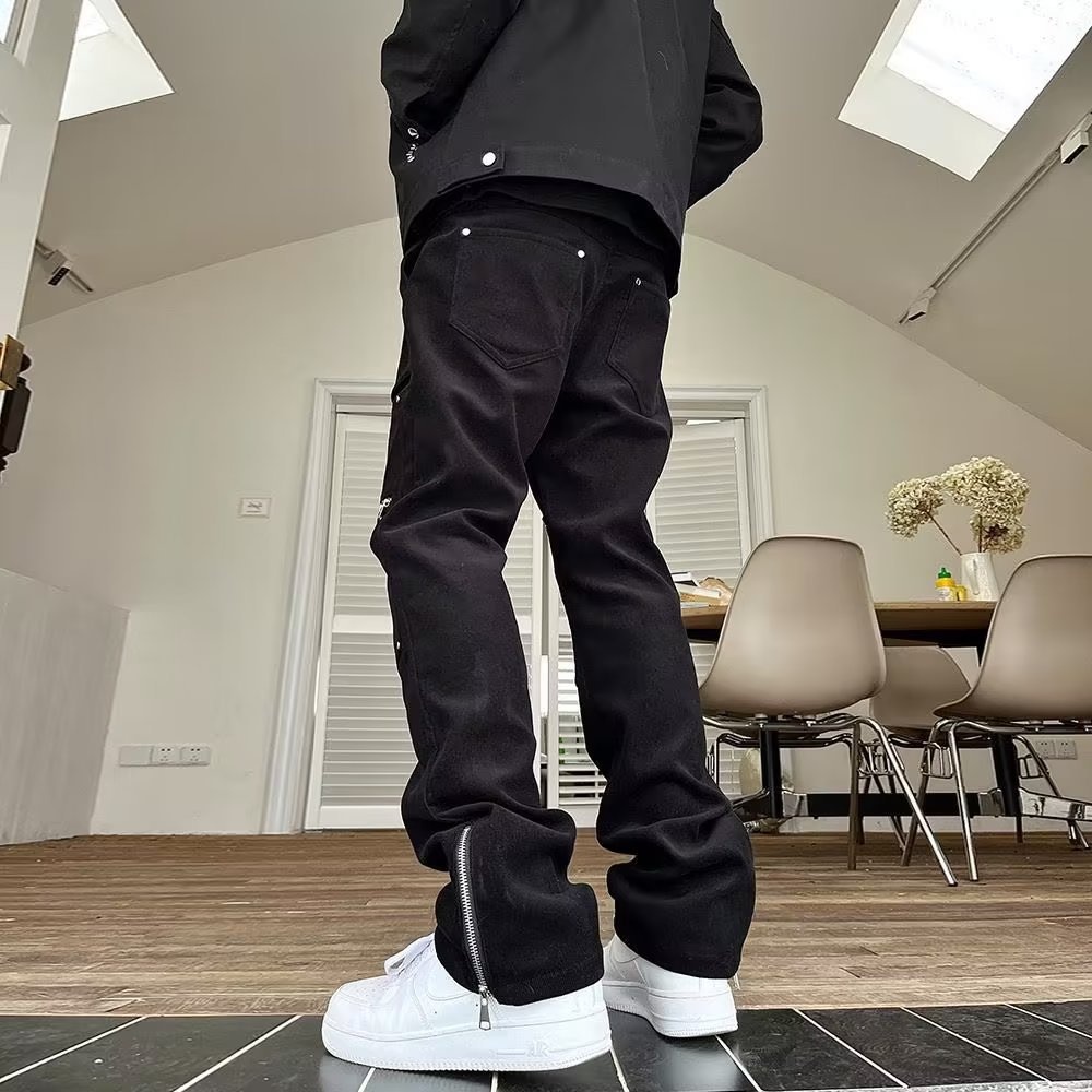 Pantaloni cargo con cerniera divisi per uomo, stile hip hop americano, alla moda, jeans dritti slim fit, dropshipping_voghion.com