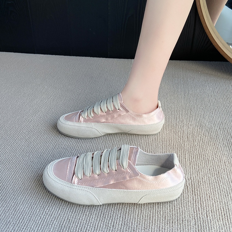Scarpe da ginnastica bianche piatte e versatili per donna, scarpe da ginnastica estive sottili, scarpe singole con suola spessa, scarpe in tela di raso di seta_voghion.com