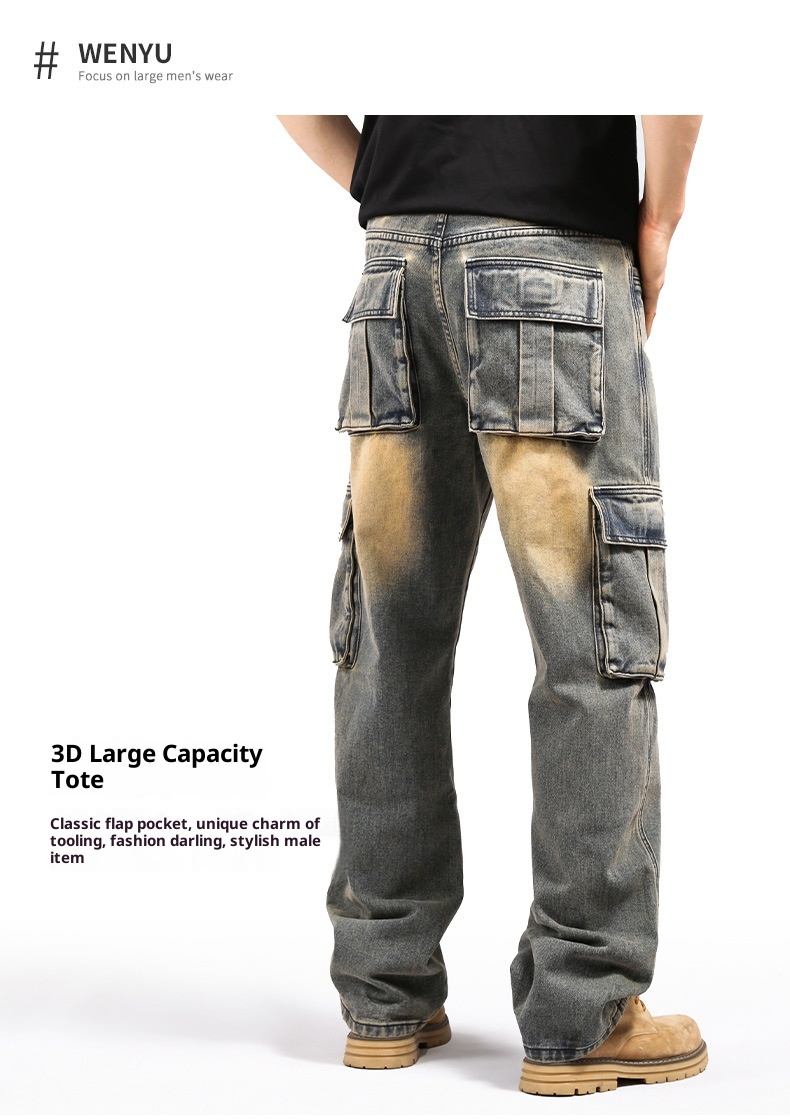 Boy Style Multi-Pocket Hip-Hop Cargo Jeans für Herren, lockere Passform, Übergröße und amerikanischer Cross-Mirror, europäischer Bahnhof_voghion.com
