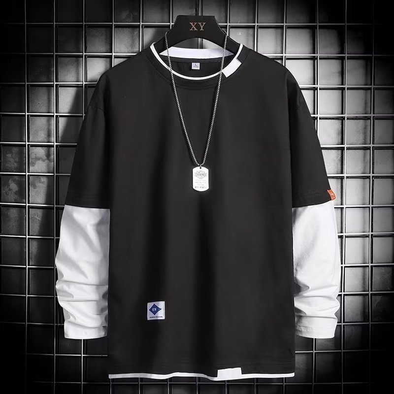 boy Spring And Autumn Sweatshirt For Men, Ins Trendy Brand, Loose Round Neck T-Shirt, Two-Piece Long Sleeve Clothing,_voghion.com