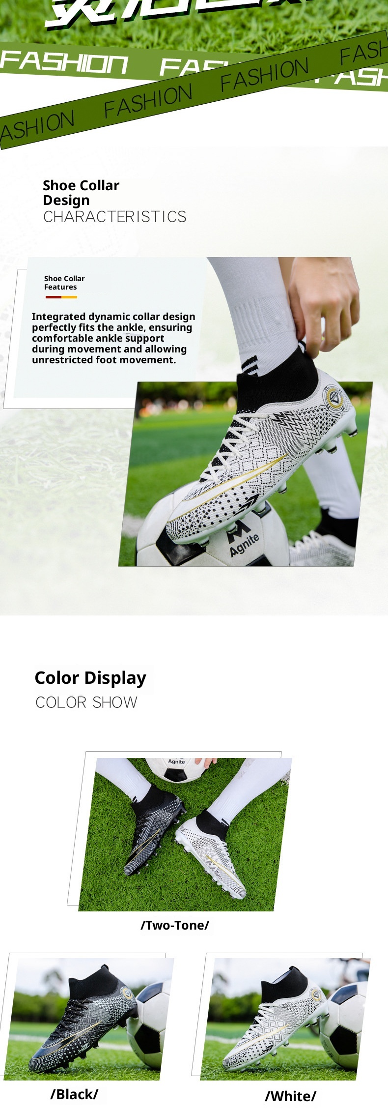 ShoeGlobe Zhenzu, scarpe da calcio alte con tacchetti lunghi in TPU per ragazzi e ragazze, modello Mandarin Duck, nere e bianche, dropshipping transfrontaliero_voghion.com