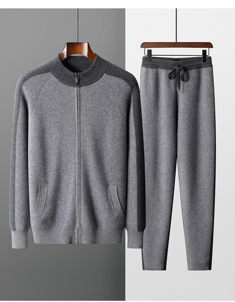 001 Neuer, dicker, lässiger Kaschmiranzug für Herren, bestehend aus einem Wollpullover mit halbem Rollkragen, einer Strickjacke mit Reißverschluss und einer locker sitzenden Hose._voghion.com