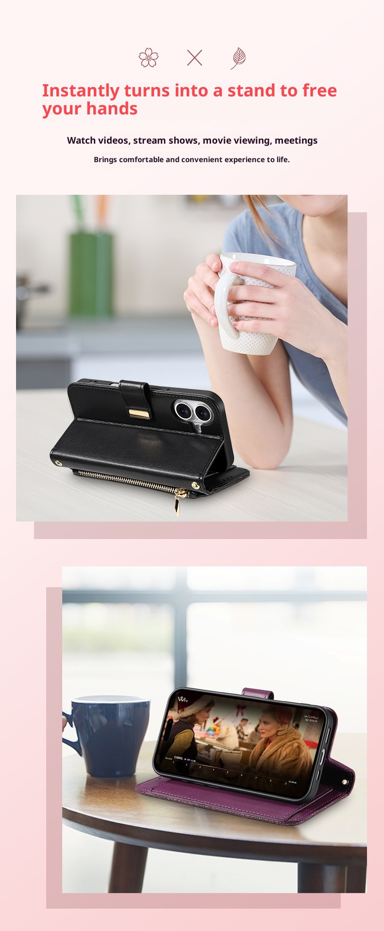 TechGlobe Shunli New Model Compatible With IPhone Flip Leather Flower And Leaf 17 Air Lanyard 16 Phone Case_voghion.com