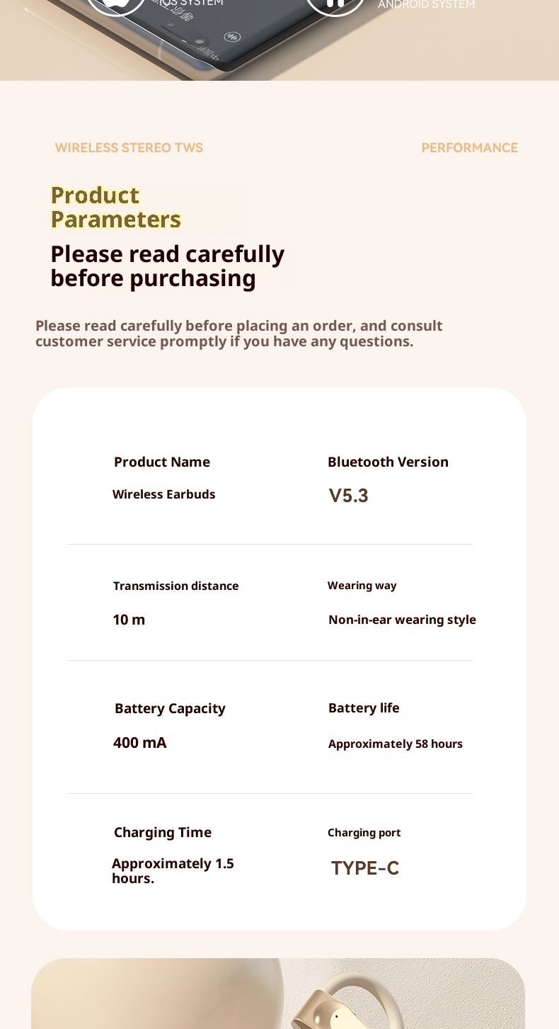 3c AI Translation Bluetooth Earbuds Bone Conduction Non-In-Ear Battery Display Long-Wear Comfortable Gaming Low_voghion.com