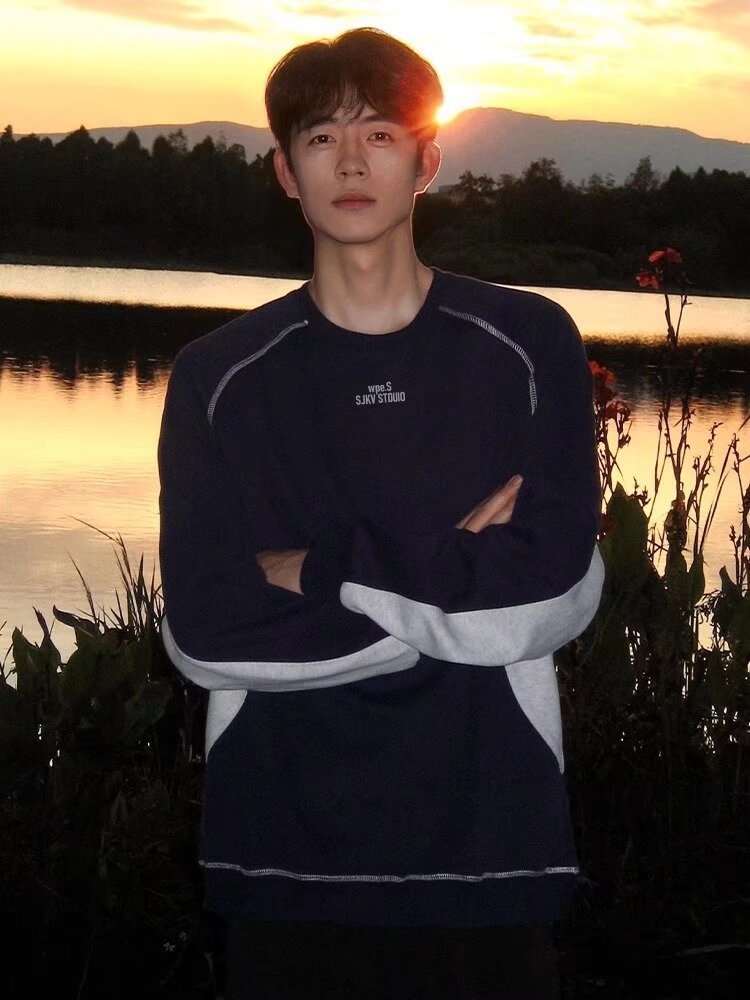 boy New Style Patchwork Navy Blue Crew Neck Fleece Sweatshirt Autumn Winter American Heavyweight Long Sleeve Men's Hoodless_voghion.com