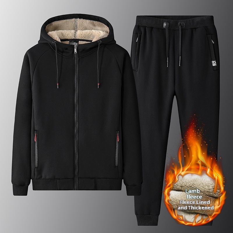 001 Winter New Lamb Wool Zipper Jacket Korean Style Fleece Lined Thickened Warm Men's Plus Size Casual Sports Suit For Men_voghion.com