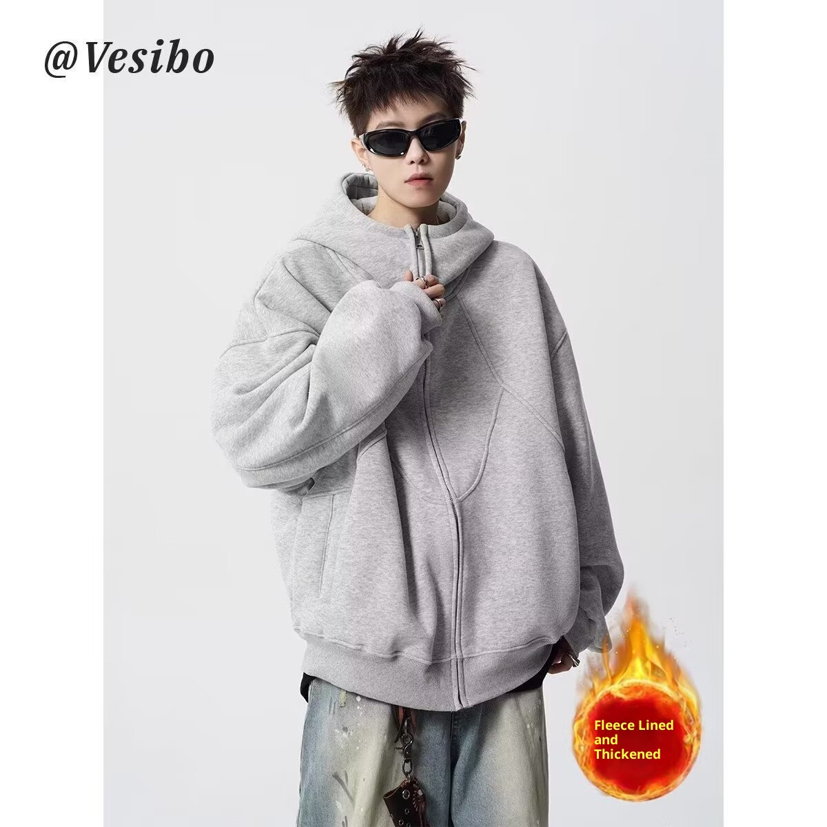 boy 2025 New Hong Kong Style Loose Simple Hooded Fleece Sweatshirt Zipper Unisex Trendy Stylish Versatile_voghion.com