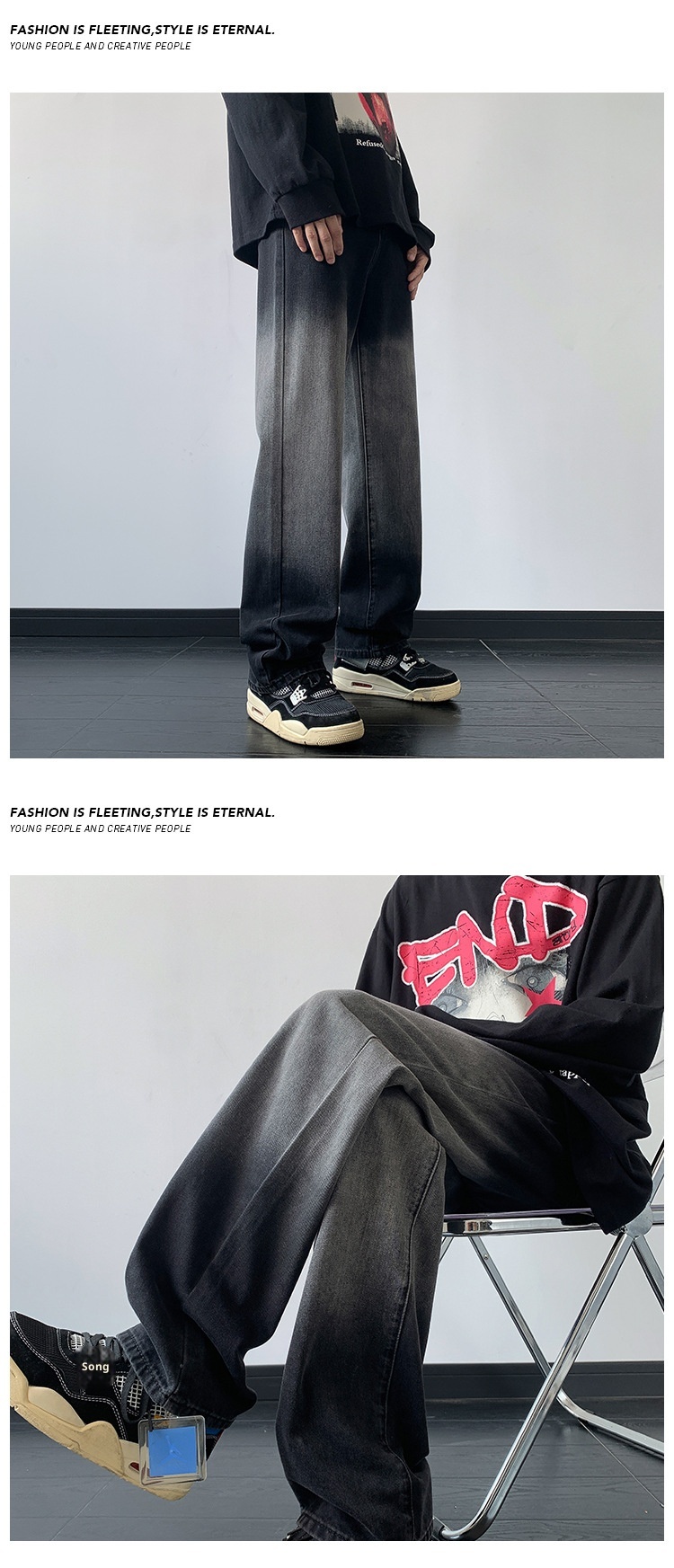 Pantaloni da uomo in stile europeo e americano, modello primaverile, con design di nicchia, jeans dritti sfumati, pantaloni larghi cargo a gamba larga_voghion.com